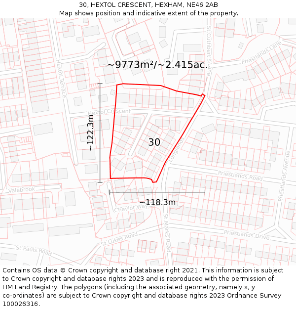 30, HEXTOL CRESCENT, HEXHAM, NE46 2AB: Plot and title map