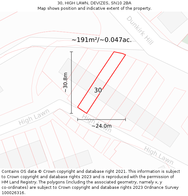 30, HIGH LAWN, DEVIZES, SN10 2BA: Plot and title map