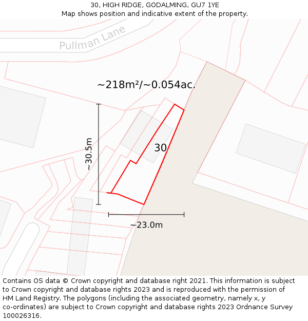 30, HIGH RIDGE, GODALMING, GU7 1YE: Plot and title map