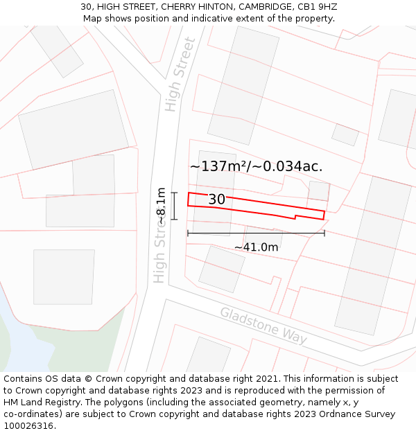 30, HIGH STREET, CHERRY HINTON, CAMBRIDGE, CB1 9HZ: Plot and title map