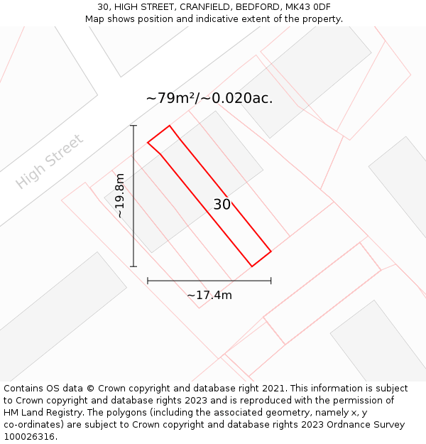 30, HIGH STREET, CRANFIELD, BEDFORD, MK43 0DF: Plot and title map