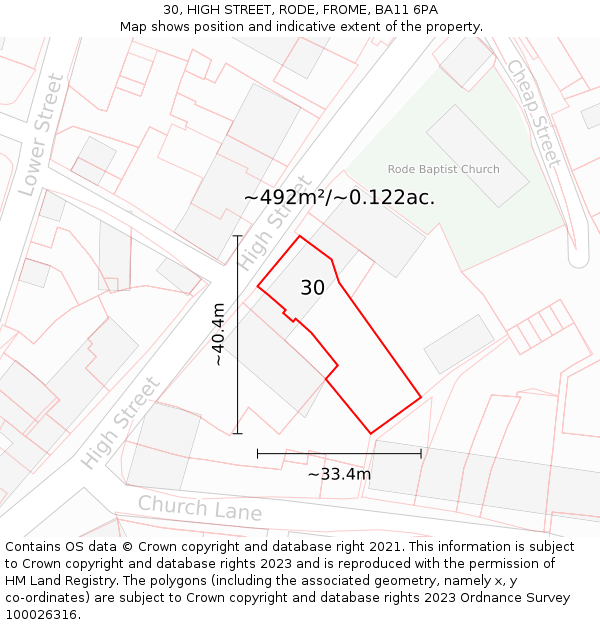 30, HIGH STREET, RODE, FROME, BA11 6PA: Plot and title map