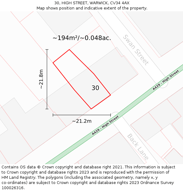 30, HIGH STREET, WARWICK, CV34 4AX: Plot and title map