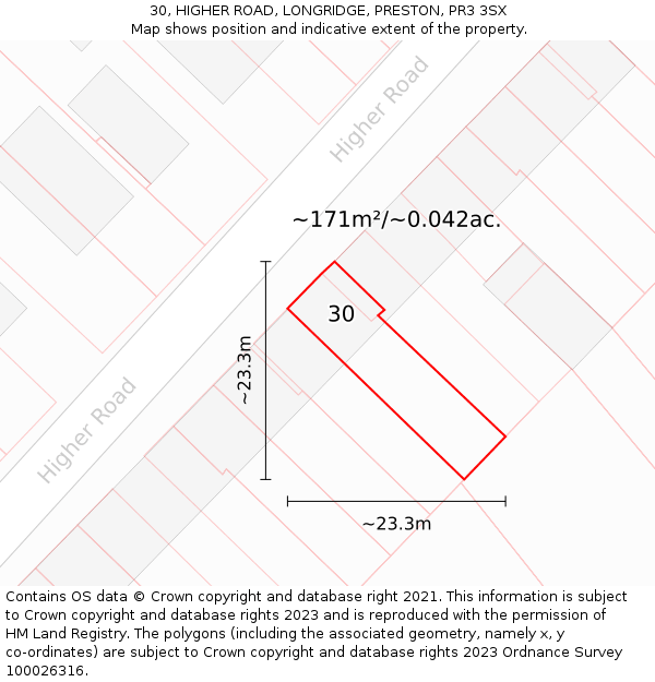 30, HIGHER ROAD, LONGRIDGE, PRESTON, PR3 3SX: Plot and title map