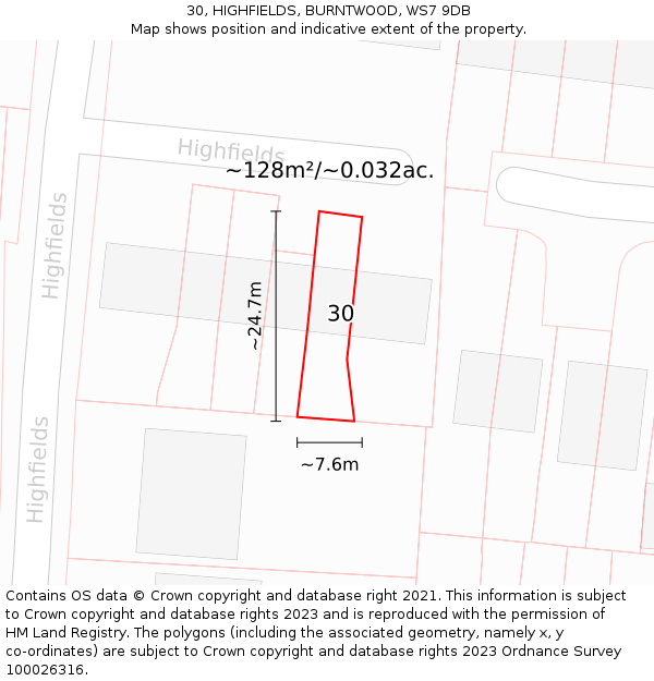 30, HIGHFIELDS, BURNTWOOD, WS7 9DB: Plot and title map