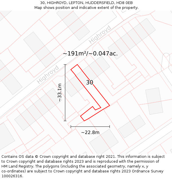 30, HIGHROYD, LEPTON, HUDDERSFIELD, HD8 0EB: Plot and title map