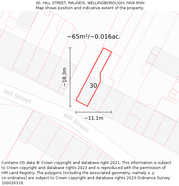 30, HILL STREET, RAUNDS, WELLINGBOROUGH, NN9 6NN: Plot and title map