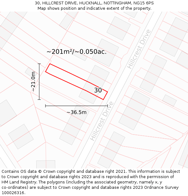 30, HILLCREST DRIVE, HUCKNALL, NOTTINGHAM, NG15 6PS: Plot and title map