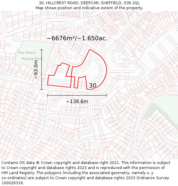 30, HILLCREST ROAD, DEEPCAR, SHEFFIELD, S36 2QL: Plot and title map
