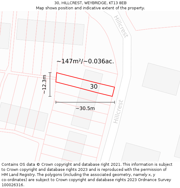 30, HILLCREST, WEYBRIDGE, KT13 8EB: Plot and title map