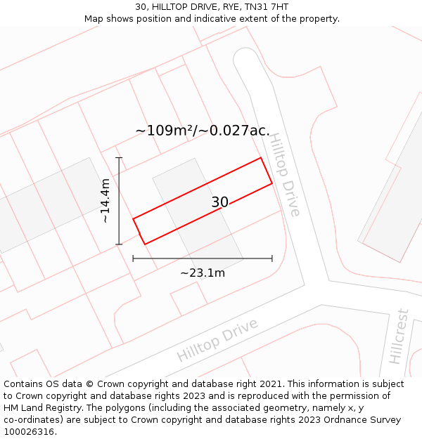 30, HILLTOP DRIVE, RYE, TN31 7HT: Plot and title map