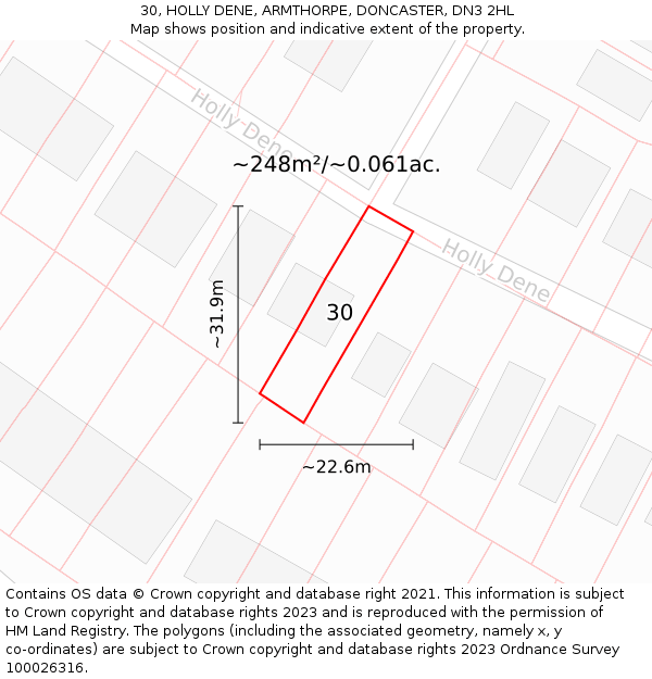 30, HOLLY DENE, ARMTHORPE, DONCASTER, DN3 2HL: Plot and title map