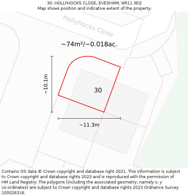30, HOLLYHOCKS CLOSE, EVESHAM, WR11 3EQ: Plot and title map