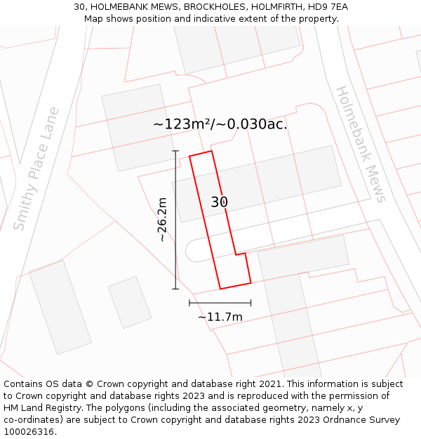 30, HOLMEBANK MEWS, BROCKHOLES, HOLMFIRTH, HD9 7EA: Plot and title map