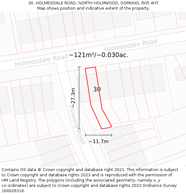 30, HOLMESDALE ROAD, NORTH HOLMWOOD, DORKING, RH5 4HT: Plot and title map
