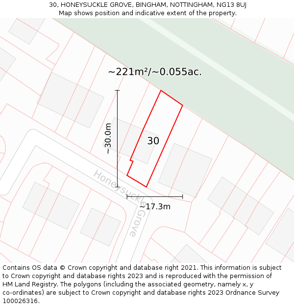 30, HONEYSUCKLE GROVE, BINGHAM, NOTTINGHAM, NG13 8UJ: Plot and title map