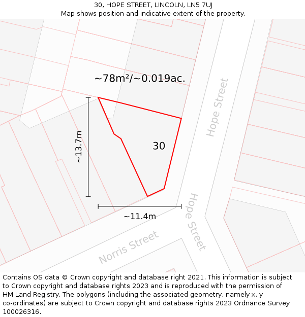 30, HOPE STREET, LINCOLN, LN5 7UJ: Plot and title map