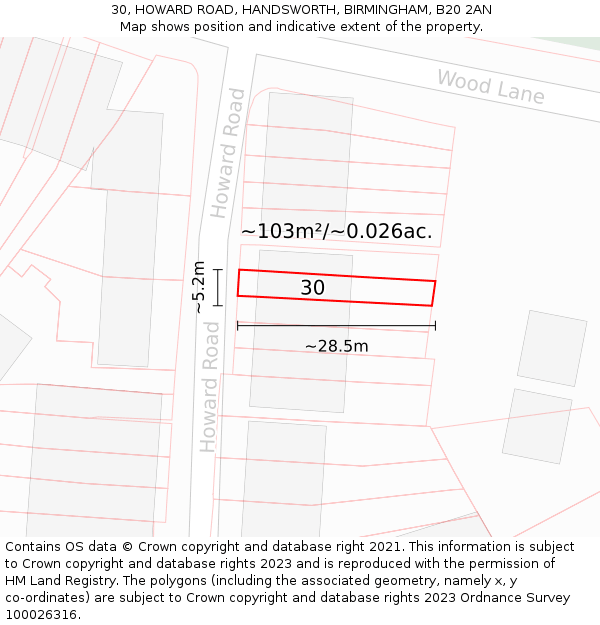 30, HOWARD ROAD, HANDSWORTH, BIRMINGHAM, B20 2AN: Plot and title map
