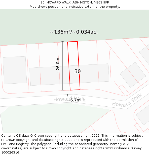 30, HOWARD WALK, ASHINGTON, NE63 9FP: Plot and title map