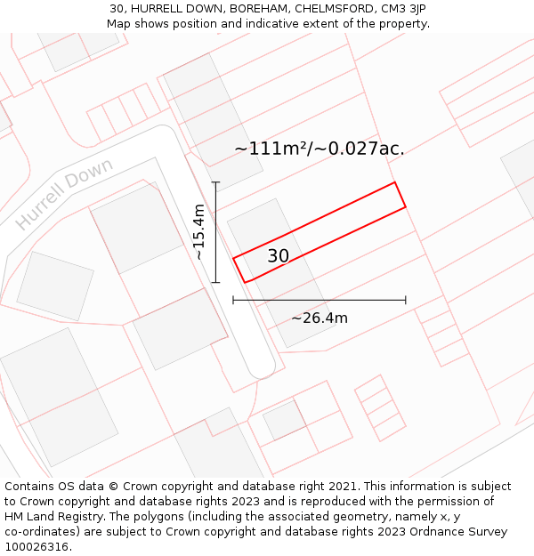 30, HURRELL DOWN, BOREHAM, CHELMSFORD, CM3 3JP: Plot and title map