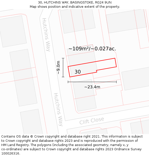 30, HUTCHINS WAY, BASINGSTOKE, RG24 9UN: Plot and title map
