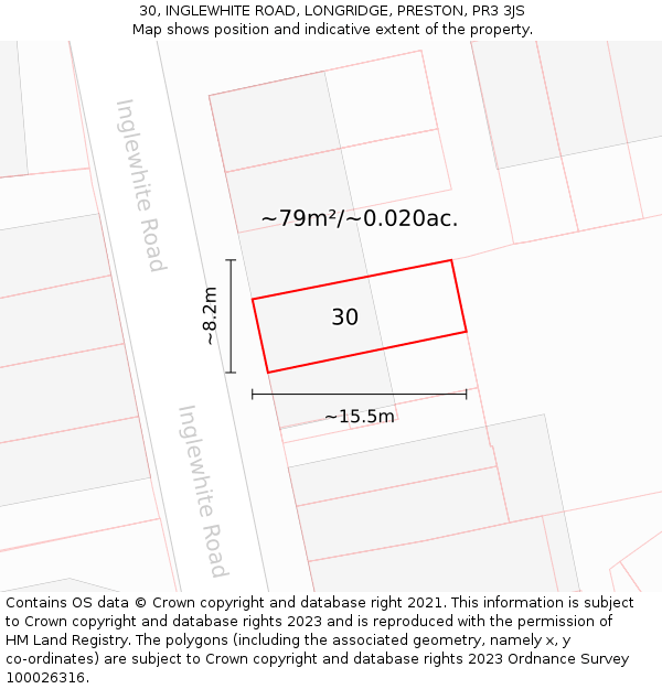 30, INGLEWHITE ROAD, LONGRIDGE, PRESTON, PR3 3JS: Plot and title map