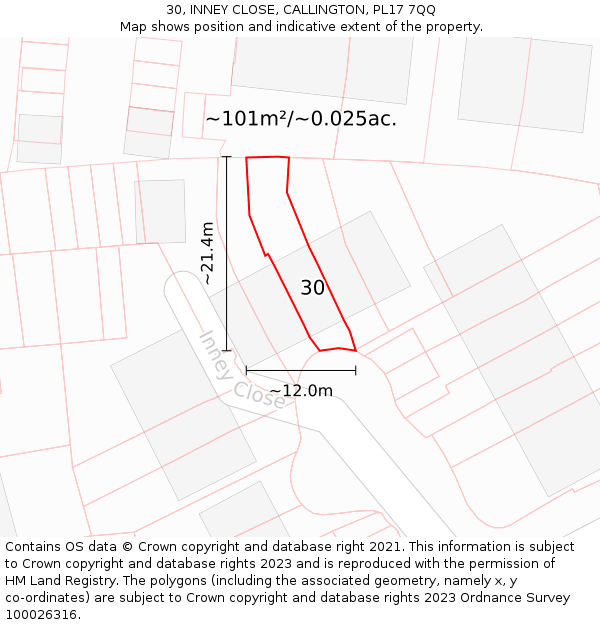 30, INNEY CLOSE, CALLINGTON, PL17 7QQ: Plot and title map