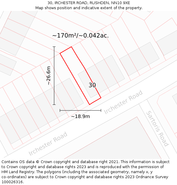 30, IRCHESTER ROAD, RUSHDEN, NN10 9XE: Plot and title map