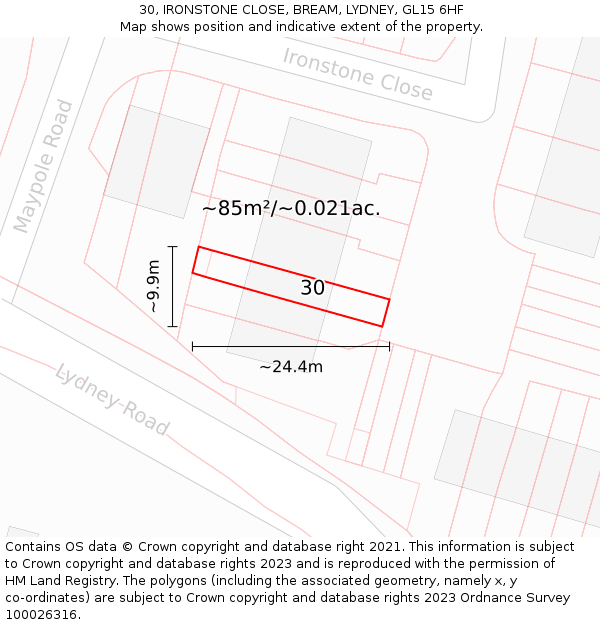 30, IRONSTONE CLOSE, BREAM, LYDNEY, GL15 6HF: Plot and title map