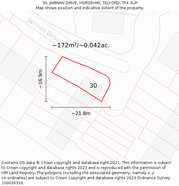 30, JARMAN DRIVE, HORSEHAY, TELFORD, TF4 3UP: Plot and title map