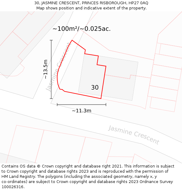 30, JASMINE CRESCENT, PRINCES RISBOROUGH, HP27 0AQ: Plot and title map