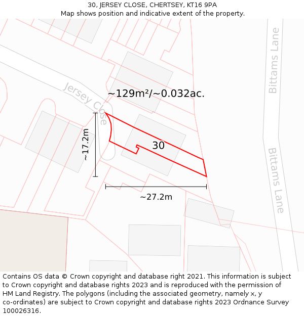 30, JERSEY CLOSE, CHERTSEY, KT16 9PA: Plot and title map