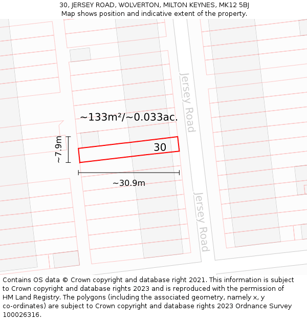 30, JERSEY ROAD, WOLVERTON, MILTON KEYNES, MK12 5BJ: Plot and title map