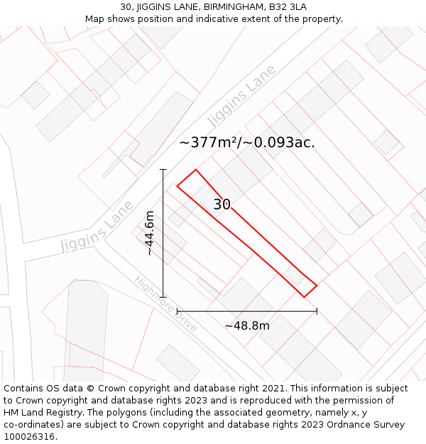 30, JIGGINS LANE, BIRMINGHAM, B32 3LA: Plot and title map