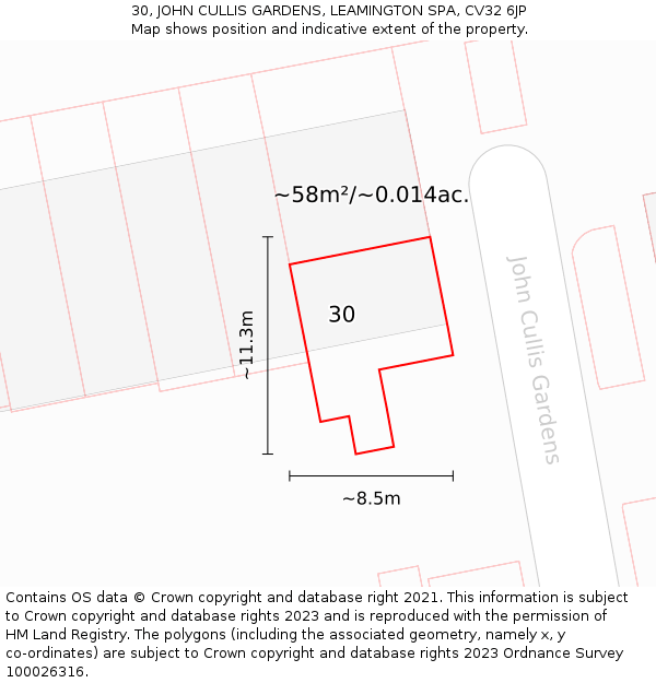 30, JOHN CULLIS GARDENS, LEAMINGTON SPA, CV32 6JP: Plot and title map
