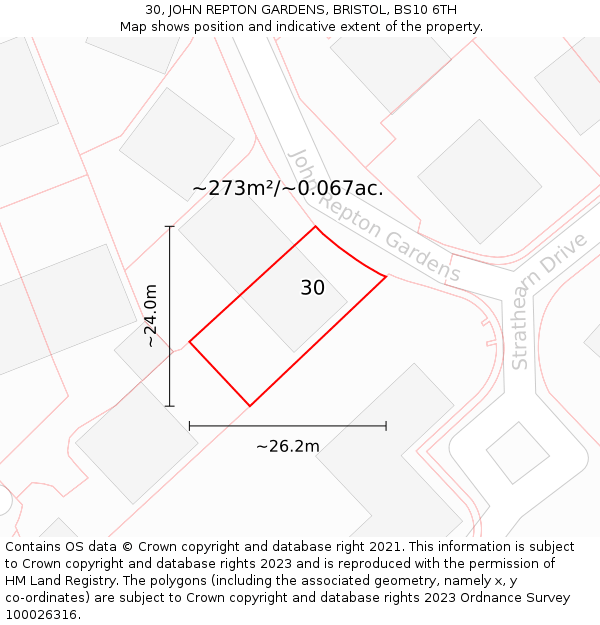 30, JOHN REPTON GARDENS, BRISTOL, BS10 6TH: Plot and title map