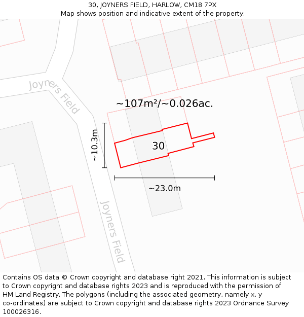 30, JOYNERS FIELD, HARLOW, CM18 7PX: Plot and title map