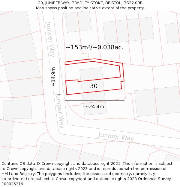 30, JUNIPER WAY, BRADLEY STOKE, BRISTOL, BS32 0BR: Plot and title map