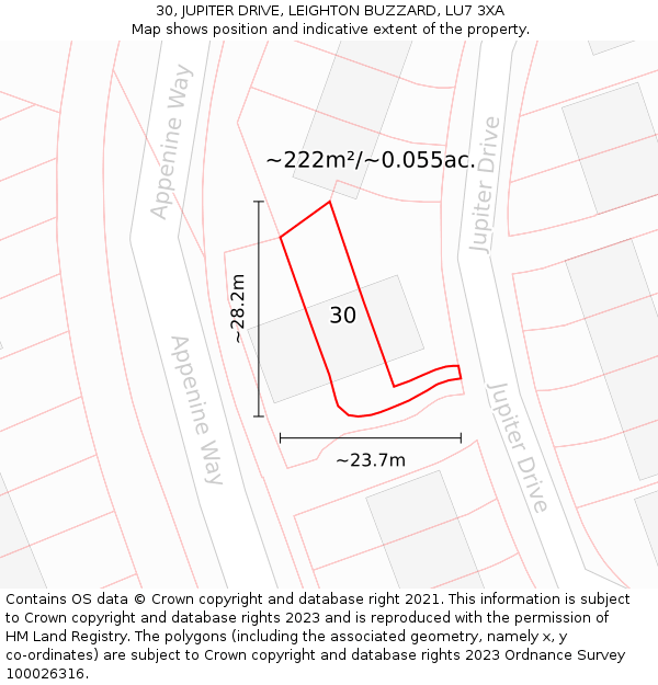 30, JUPITER DRIVE, LEIGHTON BUZZARD, LU7 3XA: Plot and title map