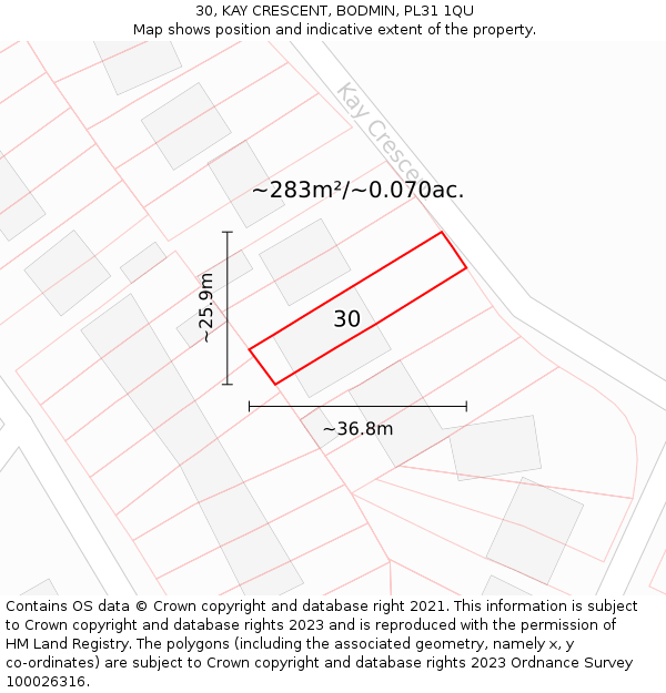 30, KAY CRESCENT, BODMIN, PL31 1QU: Plot and title map