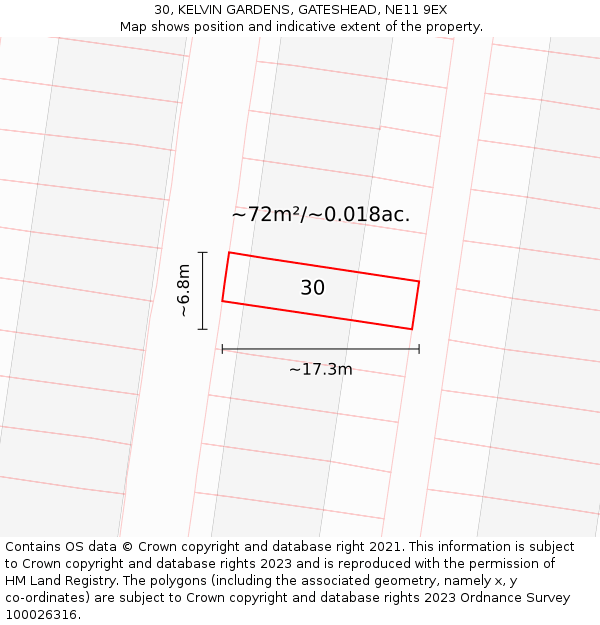 30, KELVIN GARDENS, GATESHEAD, NE11 9EX: Plot and title map