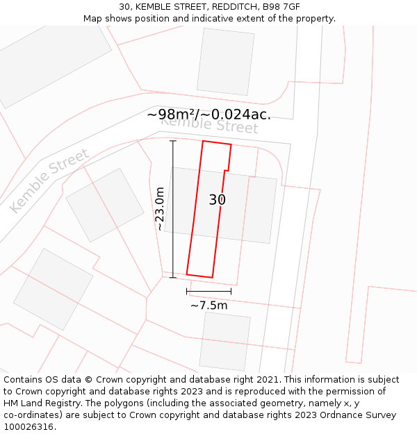 30, KEMBLE STREET, REDDITCH, B98 7GF: Plot and title map