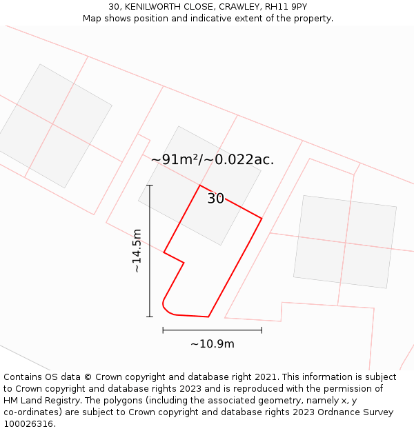 30, KENILWORTH CLOSE, CRAWLEY, RH11 9PY: Plot and title map
