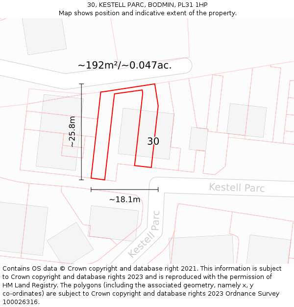 30, KESTELL PARC, BODMIN, PL31 1HP: Plot and title map