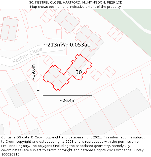 30, KESTREL CLOSE, HARTFORD, HUNTINGDON, PE29 1XD: Plot and title map
