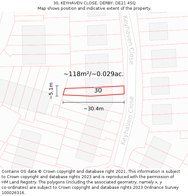 30, KEYHAVEN CLOSE, DERBY, DE21 4SQ: Plot and title map