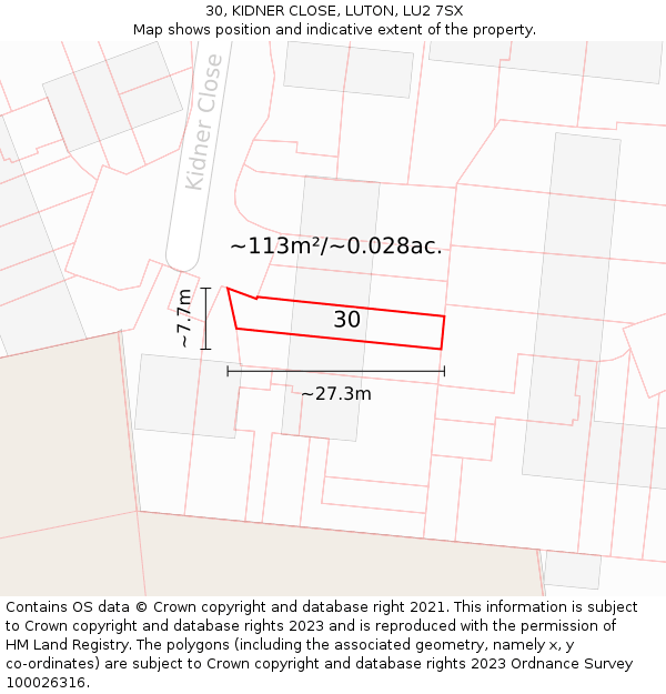 30, KIDNER CLOSE, LUTON, LU2 7SX: Plot and title map