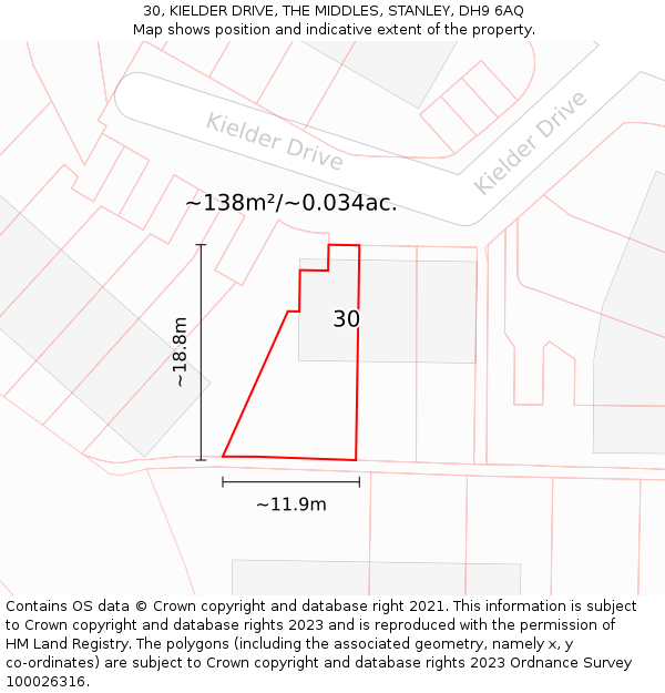 30, KIELDER DRIVE, THE MIDDLES, STANLEY, DH9 6AQ: Plot and title map