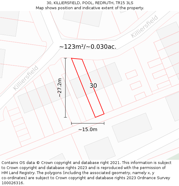 30, KILLIERSFIELD, POOL, REDRUTH, TR15 3LS: Plot and title map