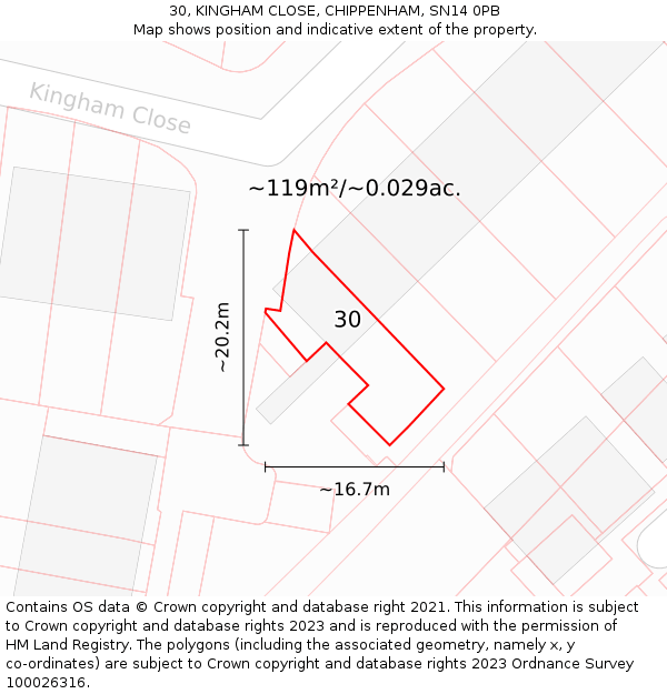 30, KINGHAM CLOSE, CHIPPENHAM, SN14 0PB: Plot and title map